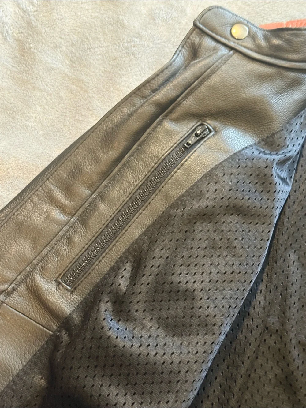 Harley-Davidson Black Leather Jacket with Orange and Cream Racing Stripes